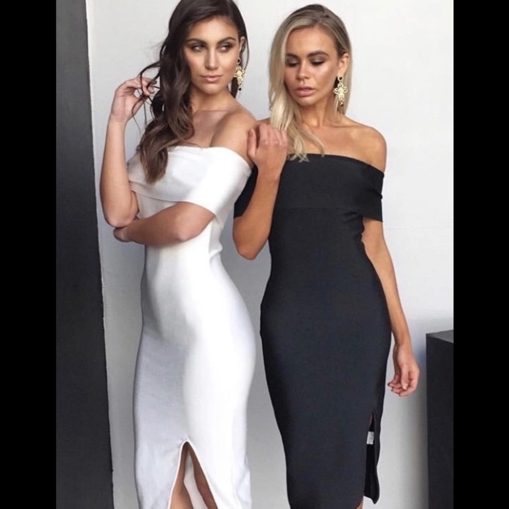 Off Shoulder Split Elegant White Bandage Dress.